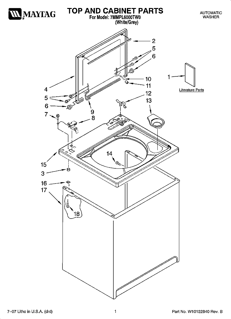 TOP AND CABINET PARTS Diagram and Parts List for 7MMPL6000TW0  Maytag Washer