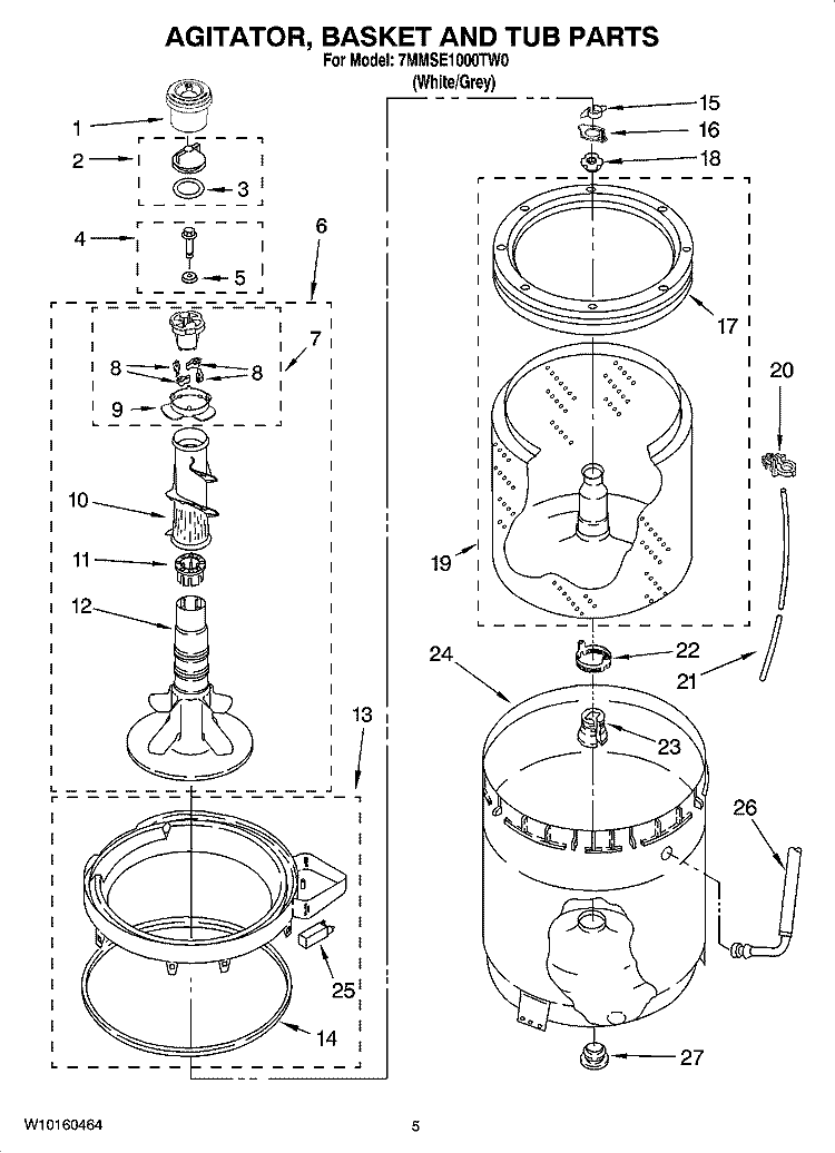 AGITATOR, BASKET AND TUB PARTS Diagram and Parts List for 7MMSE1000TW0  Maytag Washer