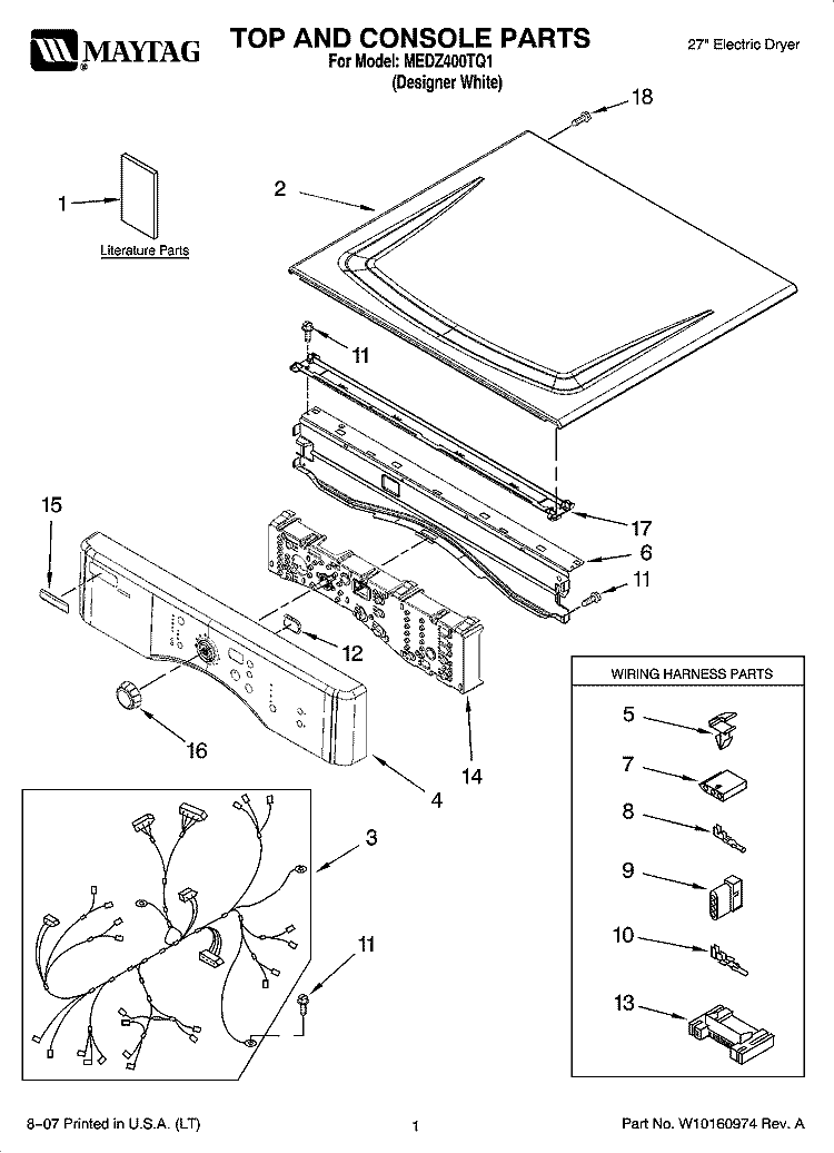 TOP AND CONSOLE PARTS Diagram and Parts List for MEDZ400TQ1  Maytag Dryer
