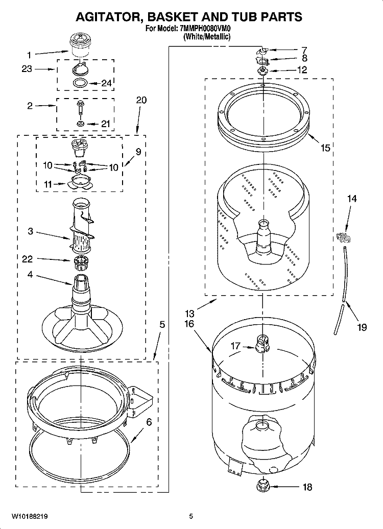 AGITATOR, BASKET AND TUB PARTS Diagram and Parts List for 7MMPH0080VM0  Maytag Washer