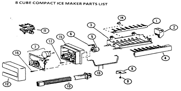 8 Cube Compact Ice Maker Diagram and Parts List for 36761-P1135802W  Amana Refrigerator