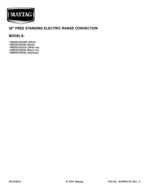 01 - Cover Sheet Diagram and Parts List for YMER8700DE0  Maytag Range