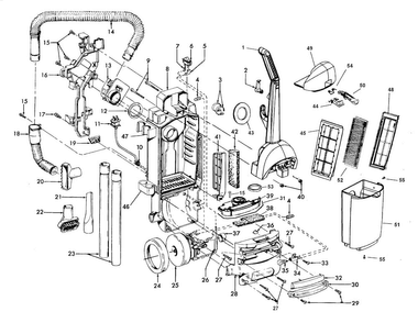 Motor, Handle, Hose, Outerbag Diagram and Parts List for U5361-960  Hoover Upright Vacuum