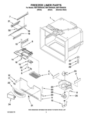 02 - Freezer Liner Parts Diagram and Parts List for MBF1958WEB0  Maytag Refrigerator