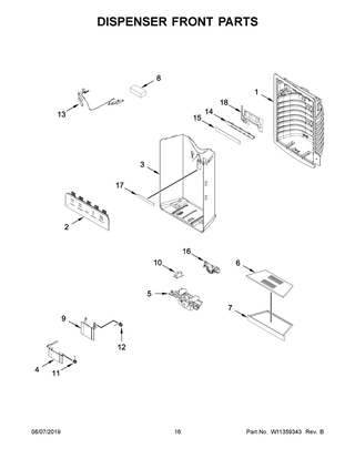Dispenser Front Parts Diagram and Parts List for JFFCC72EFS03  Maytag Refrigerator