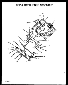 Top & Top Burner Assembly Diagram and Parts List for SBK29FA P1142362NL Amana Range
