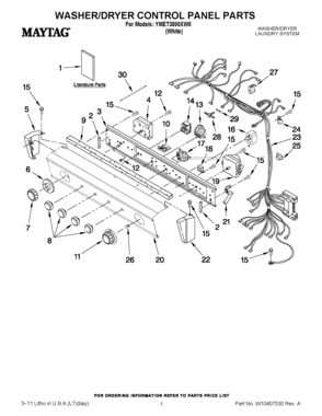 01 - WASHER/DRYER CONTROL PANEL PARTS Diagram and Parts List for YMET3800XW0  Maytag Washer Dryer Combo