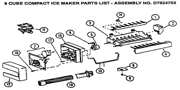8 Cube Compact Ice Maker Diagram and Parts List for SSD25NB-P1162409W  Amana Refrigerator