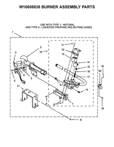 W10608838 Burner Assembly Parts Diagram and Parts List for 7MMGDB835EW2  Maytag Dryer