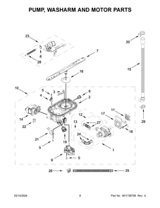 Pump, Washarm And Motor Parts Diagram and Parts List for JDPSS244PL1  Jenn-Air Dishwasher