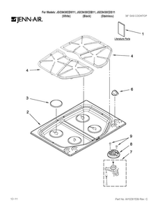 Cooktop, Burner And Grate Parts Diagram and Parts List for JGC8430CDB11  Jenn-Air Cooktop