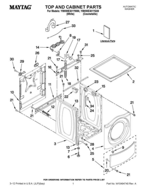 01 - Top And Cabinet Parts Diagram and Parts List for YMHWE301YW00  Maytag Washer