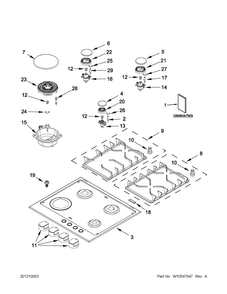 Cooktop, Burner And Grate Parts Diagram and Parts List for MGC7424AS0  Maytag Cooktop