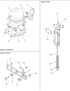 Compressor, Hinge & Lock Diagram and Parts List for AFC0701AW-PAFC0701AW0  Amana Freezer