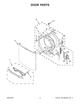 Door Parts Diagram and Parts List for YMED6630HC1  Maytag Dryer