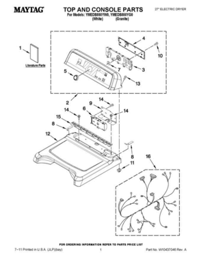 01 - Top And Console Parts Diagram and Parts List for YMEDB850YG0  Maytag Dryer