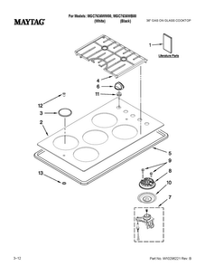 Cooktop, Burner And Grate Parts Diagram and Parts List for MGC7636WW00  Maytag Cooktop