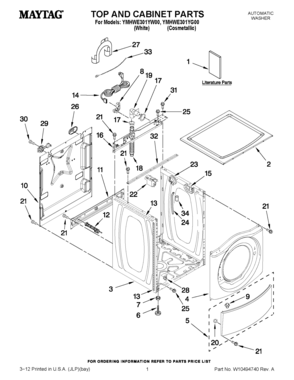 01 - TOP AND CABINET PARTS Diagram and Parts List for YMHWE301YG00  Maytag Washer