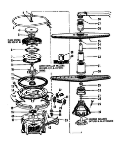 Motor, Heater & Spray Arm Details Diagram and Parts List for DCR-225-1C-OM  Caloric Dishwasher