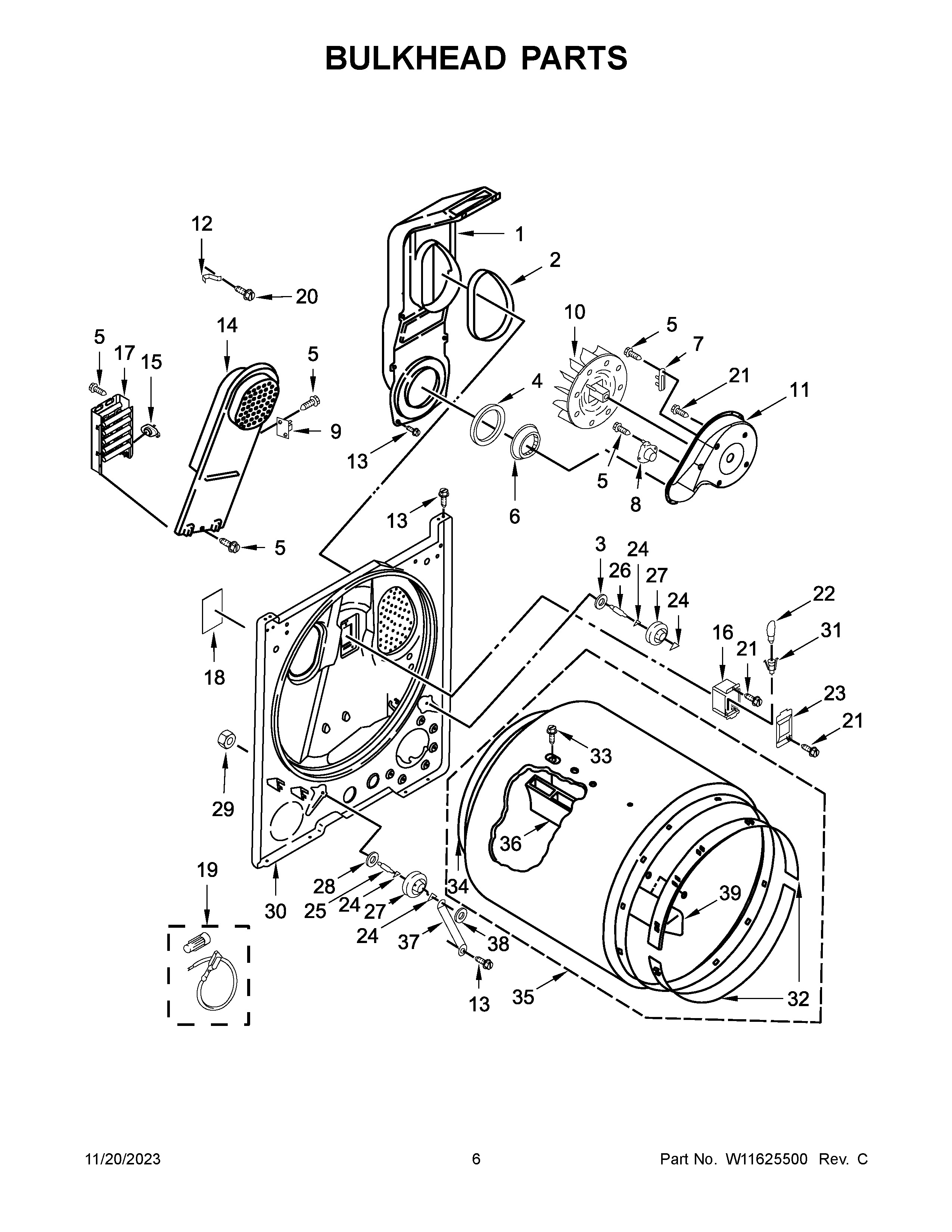 Bulkhead Parts Diagram and Parts List for MED4500MW0  Maytag Dryer