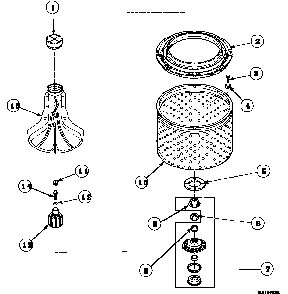 Agitator, Drive Bell, Seal Kit, Washtub And Hub Diagram and Parts List for LW8413W2B PLW8413W2B Amana Washer