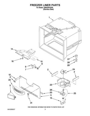 03 - Freezer Liner Parts Diagram and Parts List for GB5526FEAS5  Maytag Refrigerator