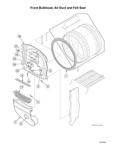 Front Bulkhead/Air Duct/Felt Seal Diagram and Parts List for ADE6HRYS177TW01  Speed Queen Dryer