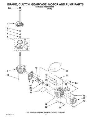 08 - BRAKE, CLUTCH, GEARCASE, MOTOR AND PUMP PARTS Diagram and Parts List for YMET3800XW0  Maytag Washer Dryer Combo
