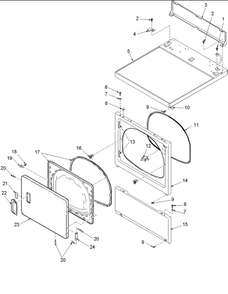 Door And Front, Access, And Top Panels Diagram and Parts List for ALG643RAW-PALG643*  Amana Dryer