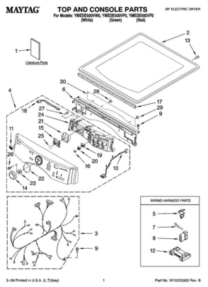 01 - Top And Console Parts Diagram and Parts List for YMEDE500VF0  Maytag Dryer