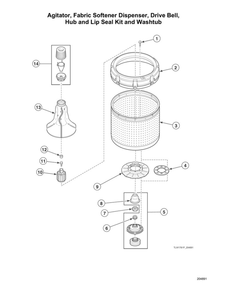 Agitator/Fabric Softener Dispenser/Drive Bell/Hub/Lip Seal Kit/Washtub Diagram and Parts List for AWN632SP116TW01  Speed Queen Washer