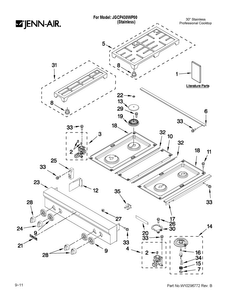 Cooktop, Burner And Grate Parts Diagram and Parts List for JGCP430WP00  Jenn-Air Cooktop