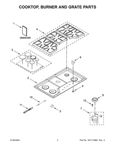 Cooktop, Burner And Grate Parts Diagram and Parts List for MGC9536DS06  Maytag Cooktop