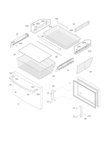 Freezer Drawer, Baskets Diagram and Parts List for CFD28WIBC  Crosley Refrigerator