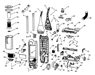 Agitator, Motor, Handle, Mainbody Diagram and Parts List for U5019-900  Hoover Upright Vacuum