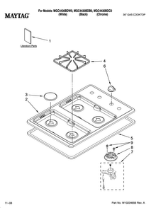 Cooktop, Burner And Grate Parts Diagram and Parts List for MGC4430BDB0  Maytag Cooktop