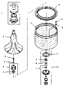 Agitator, Drive Bell, Seal Seat, Lint Fltr, Washtub & Hub Diagram and Parts List for NA8631W33921  Speed Queen Washer