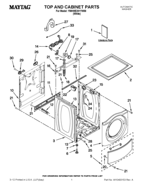 01 - TOP AND CABINET PARTS Diagram and Parts List for YMHWE201YW00  Maytag Washer