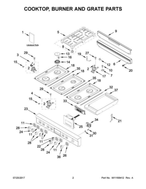 02 - Cooktop, Burner And Grate Parts Diagram and Parts List for JLRP548WP01  Jenn-Air Range