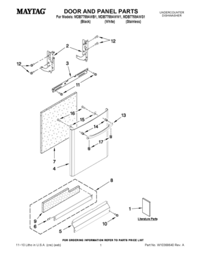 01 - DOOR AND PANEL PARTS Diagram and Parts List for MDB7759AWW1  Maytag Dishwasher