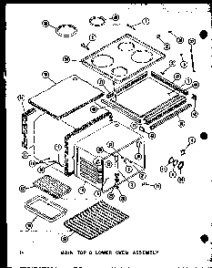 Main Top & Lower Oven Assembly Diagram and Parts List for RCC-4 P73409-1M Amana Microwave