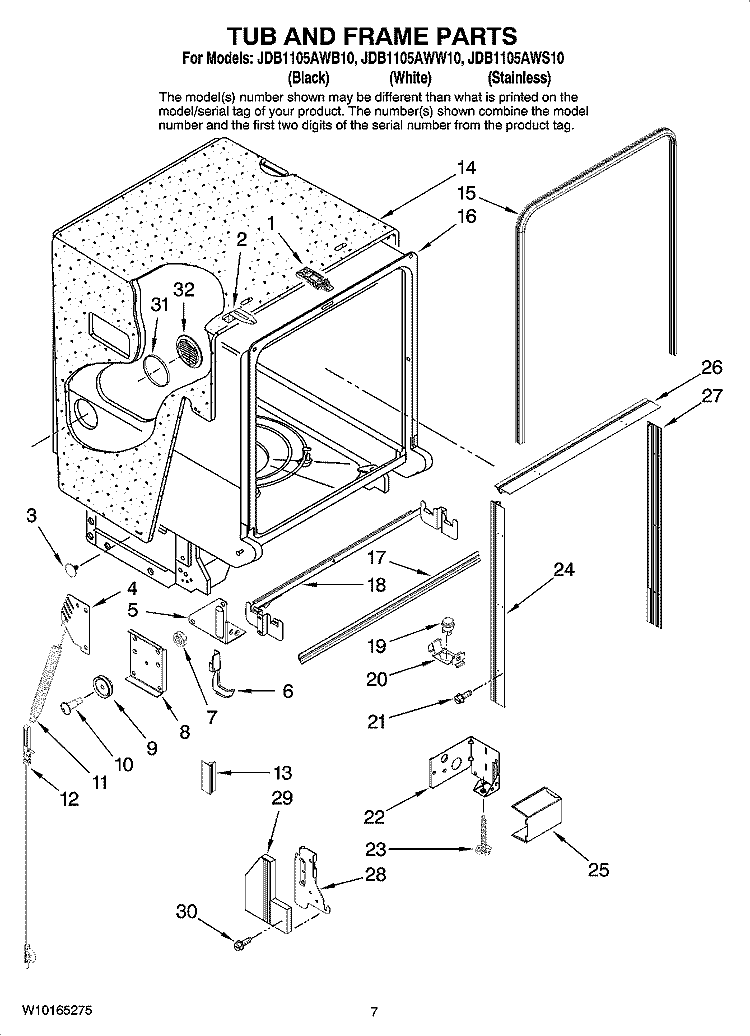 TUB AND FRAME PARTS Diagram and Parts List for JDB1105AWS10  Jenn-Air Dishwasher