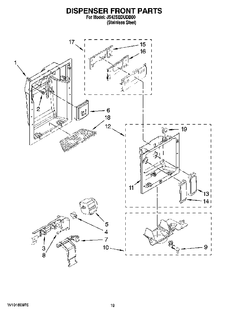 DISPENSER FRONT PARTS Diagram and Parts List for JS42SEDUDB00  Jenn-Air Refrigerator
