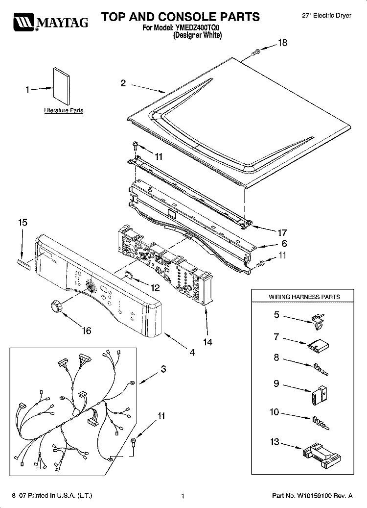 TOP AND CONSOLE PARTS Diagram and Parts List for YMEDZ400TQ0  Maytag Dryer
