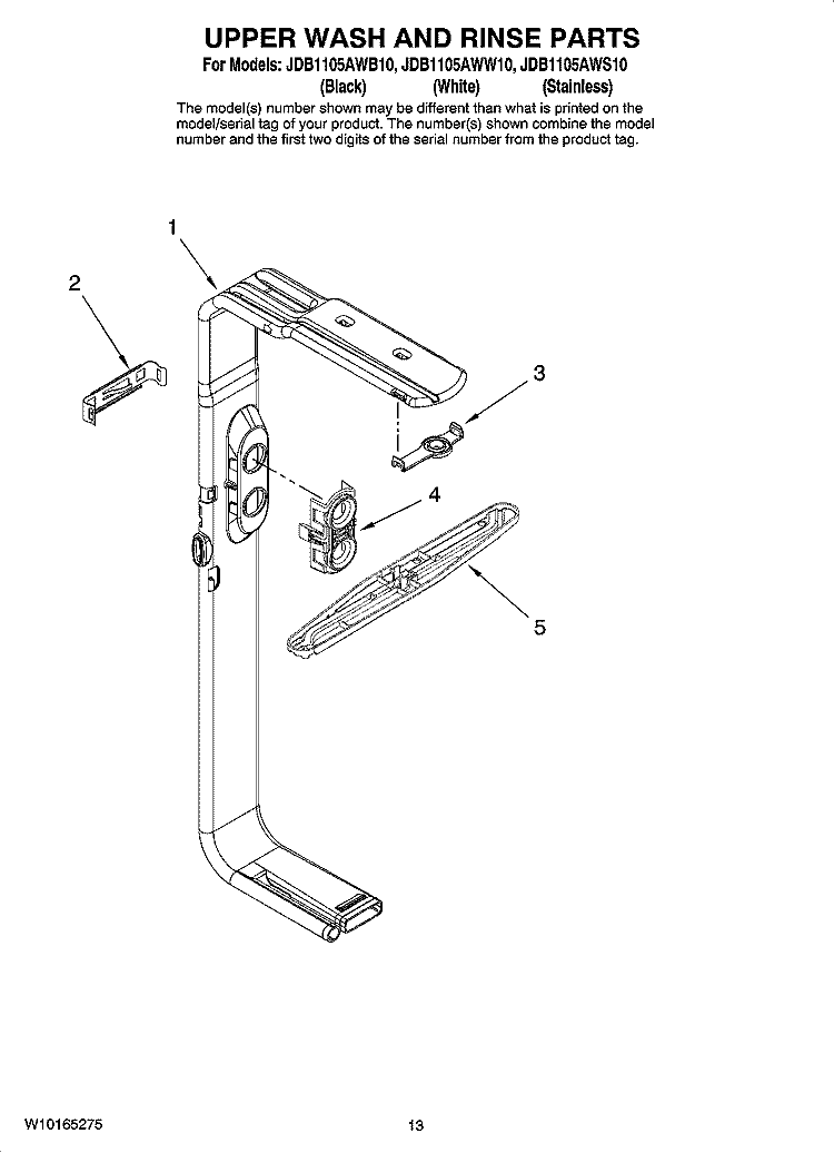 UPPER WASH AND RINSE PARTS, OPTIONAL PARTS (NOT INCLUDED) Diagram and Parts List for JDB1105AWS10  Jenn-Air Dishwasher