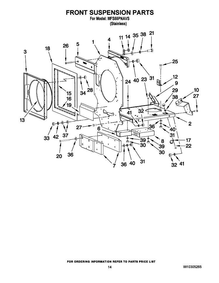 FRONT SUSPENSION PARTS Diagram and Parts List for MFS55PNAVS  Maytag Washer