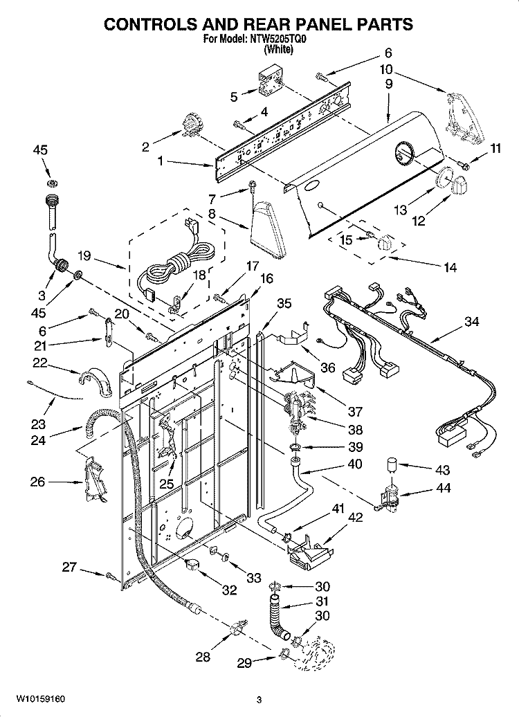 CONTROLS AND REAR PANEL PARTS Diagram and Parts List for NTW5205TQ0  Amana Washer