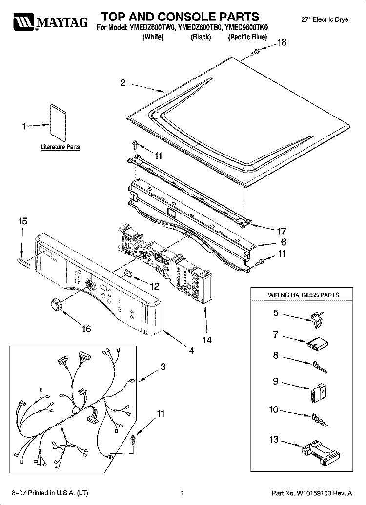 TOP AND CONSOLE PARTS Diagram and Parts List for YMEDZ600TB0  Maytag Dryer