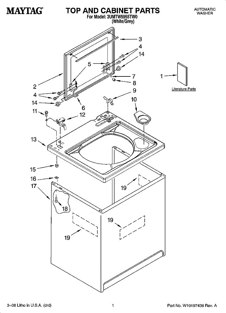 TOP AND CABINET PARTS Diagram and Parts List for 3UMTW5955TW0  Maytag Washer