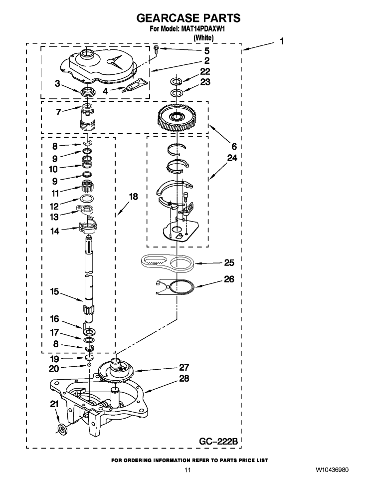GEARCASE PARTS Diagram and Parts List for MAT14PDAXW1  Maytag Washer